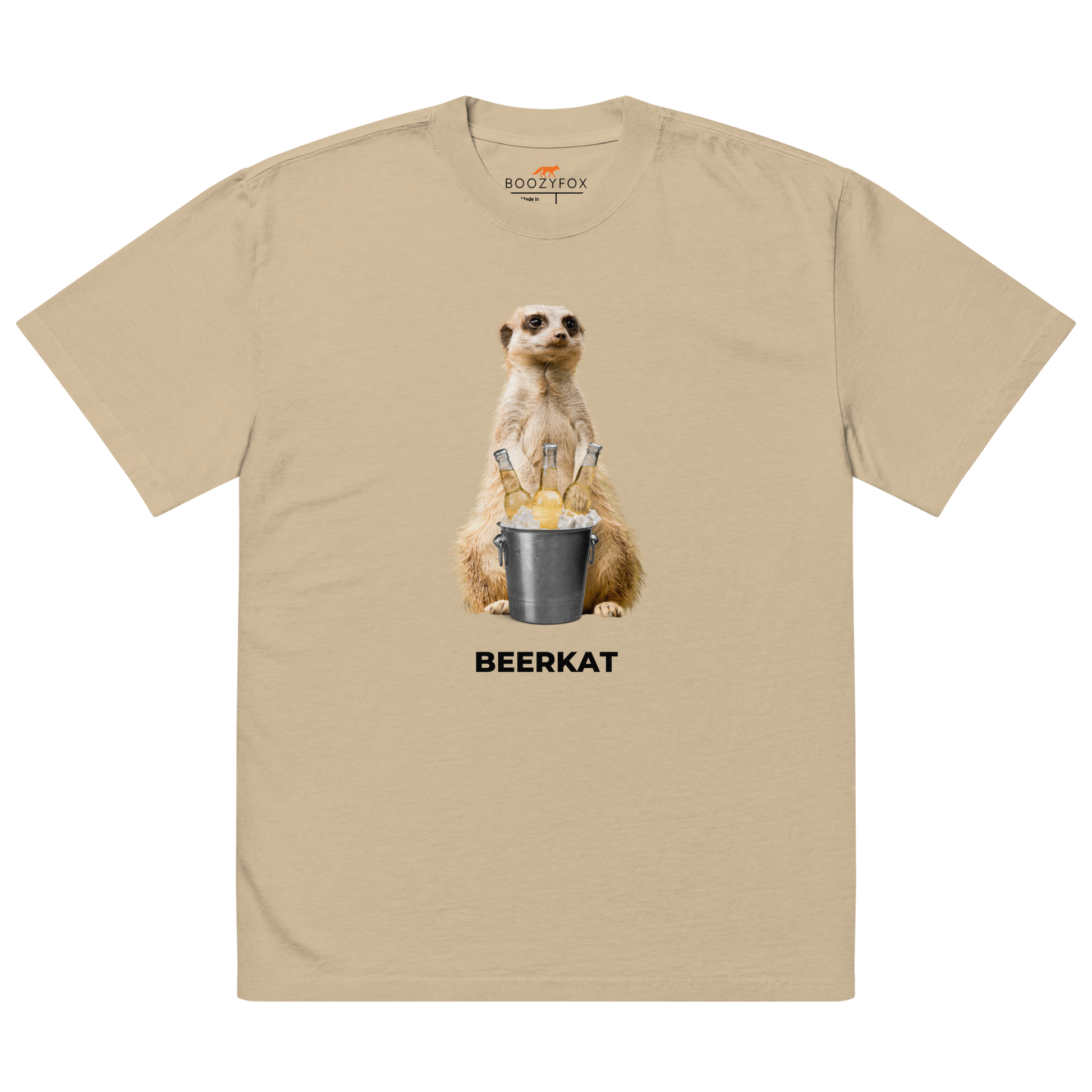 Faded Khaki Meerkat Oversized T-Shirt featuring a hilarious Beerkat graphic on the chest - Funny Graphic Meerkat Oversized Tees - Boozy Fox