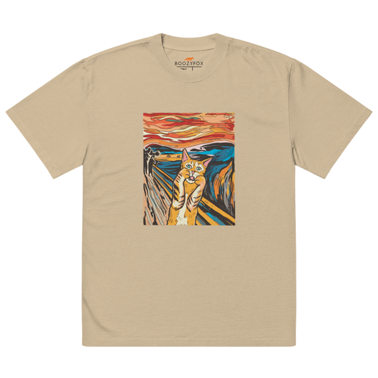 Faded Khaki Screaming Cat Oversized T-Shirt showcasing the iconic 'The Scream' graphic on the chest - Funny Graphic Cat Oversized Tees - Boozy Fox