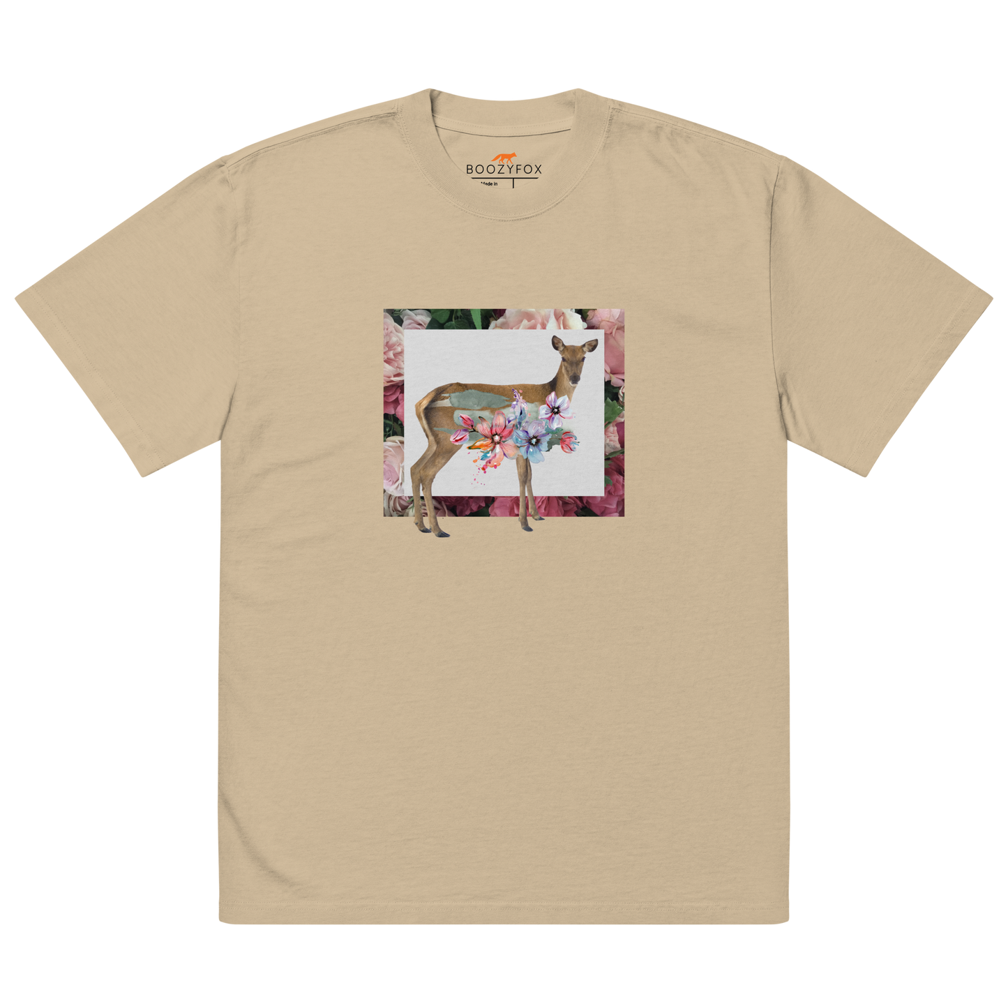 Faded Khaki Deer Oversized T-Shirt featuring a captivating Floral Deer graphic on the chest - Cute Graphic Deer Oversized Tees - Boozy Fox