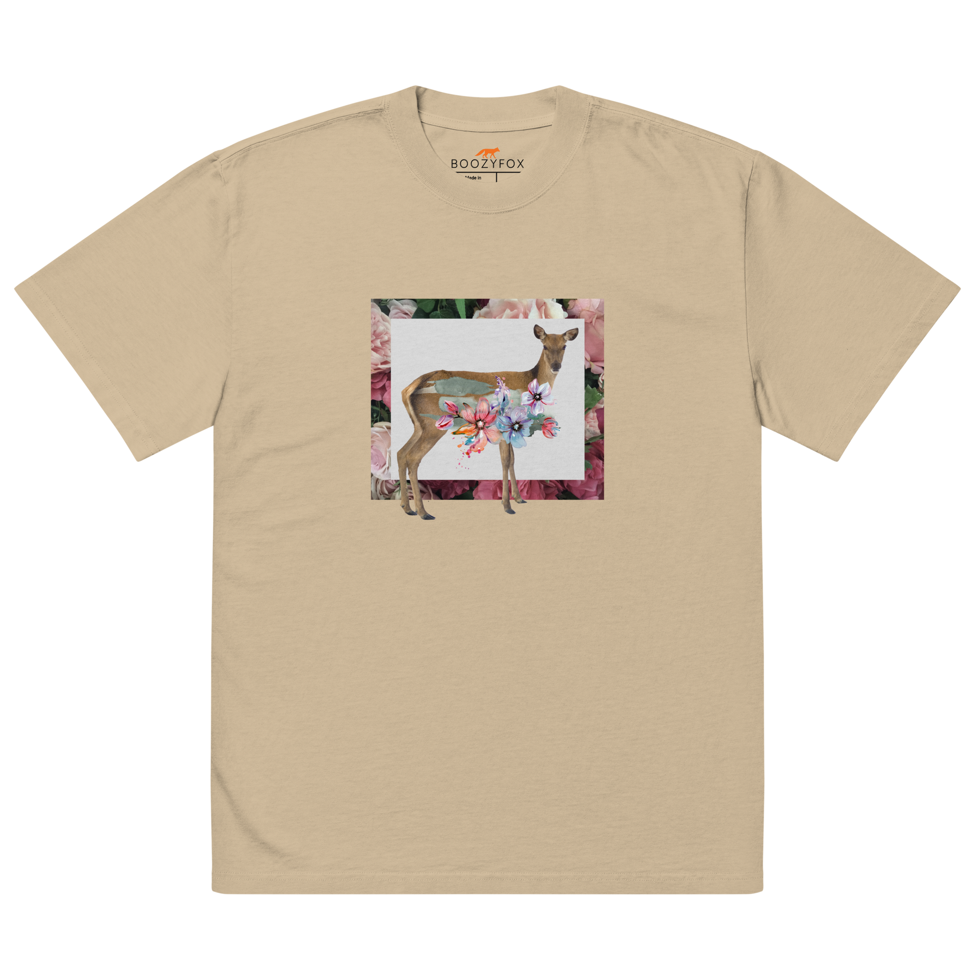 Faded Khaki Deer Oversized T-Shirt featuring a captivating Floral Deer graphic on the chest - Cute Graphic Deer Oversized Tees - Boozy Fox