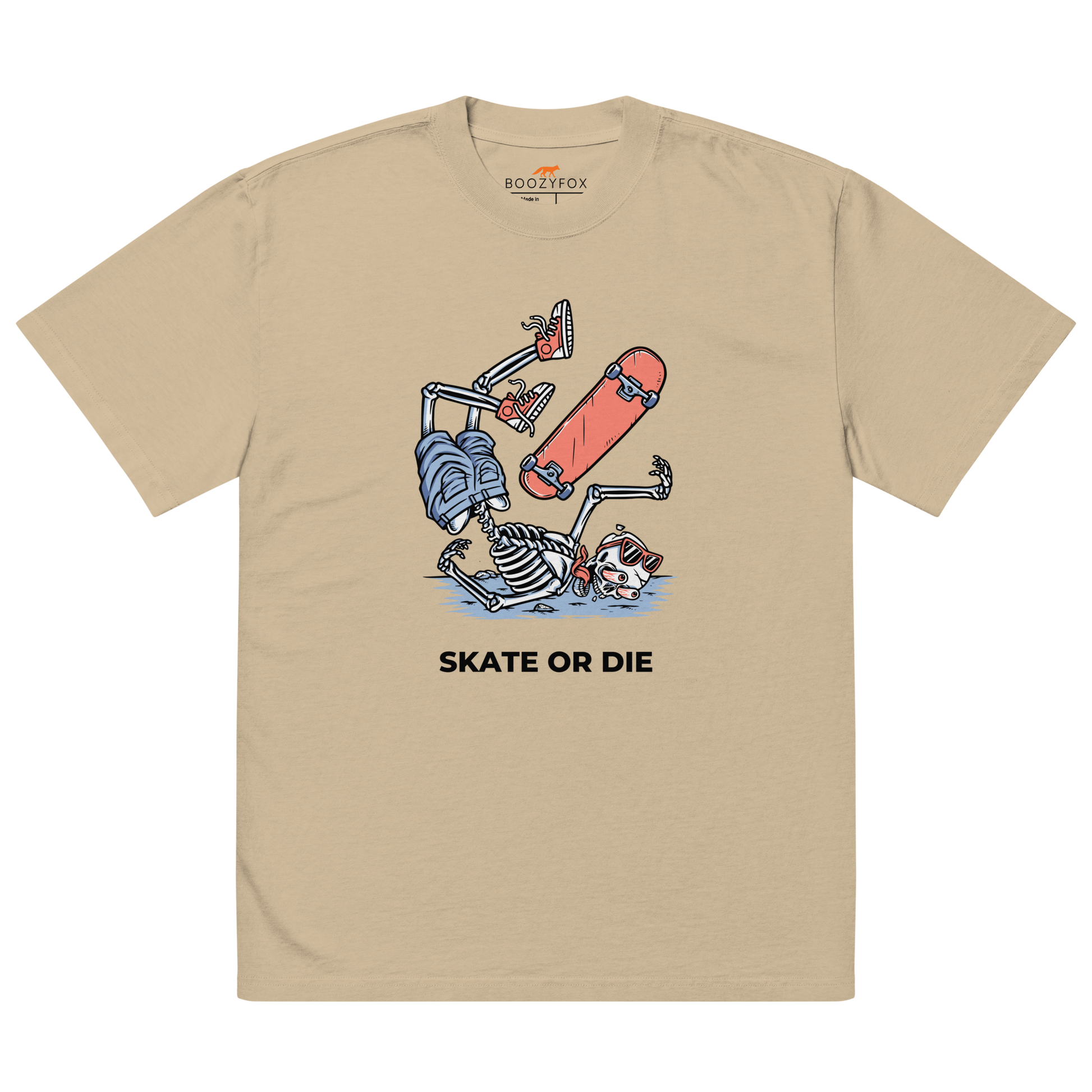 Faded Khaki Skate or Die Oversized T-Shirt featuring a fearless Skeleton Falling While Skateboarding graphic on the chest - Cool Graphic Skeleton Oversized Tees - Boozy Fox