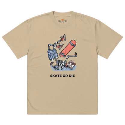 Faded Khaki Skate or Die Oversized T-Shirt featuring a fearless Skeleton Falling While Skateboarding graphic on the chest - Cool Graphic Skeleton Oversized Tees - Boozy Fox