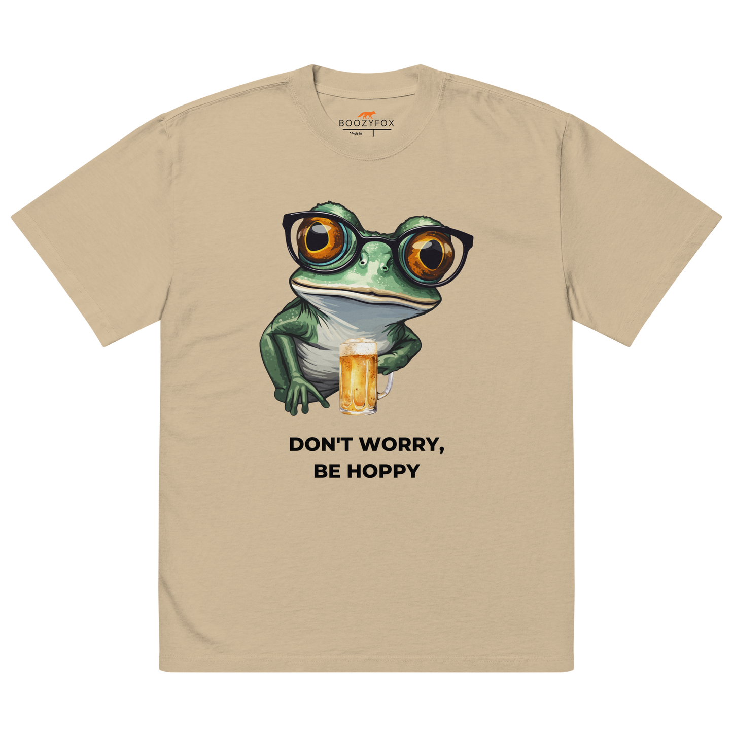 Faded Khaki Frog Oversized T-Shirt featuring a ribbitting Don't Worry, Be Hoppy graphic on the chest - Funny Graphic Frog Oversized Tees - Boozy Fox