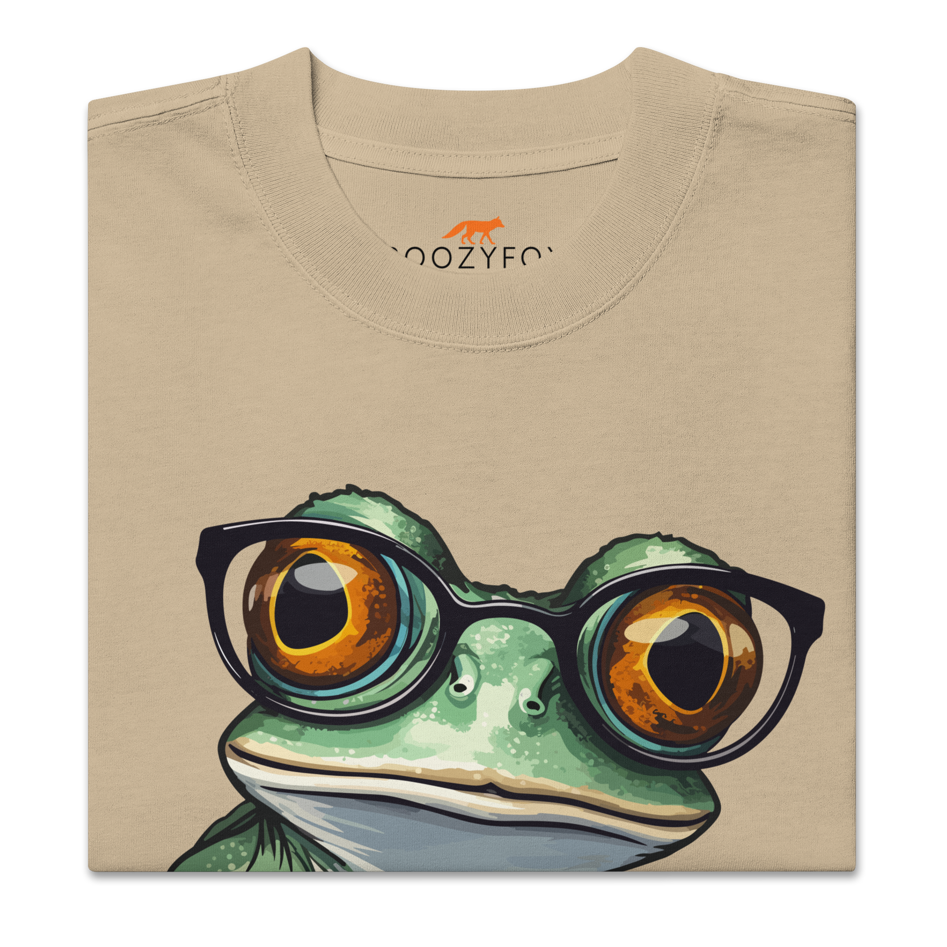 Product details of a Faded Khaki Frog Oversized T-Shirt featuring a ribbitting Don't Worry, Be Hoppy graphic on the chest - Funny Graphic Frog Oversized Tees - Boozy Fox