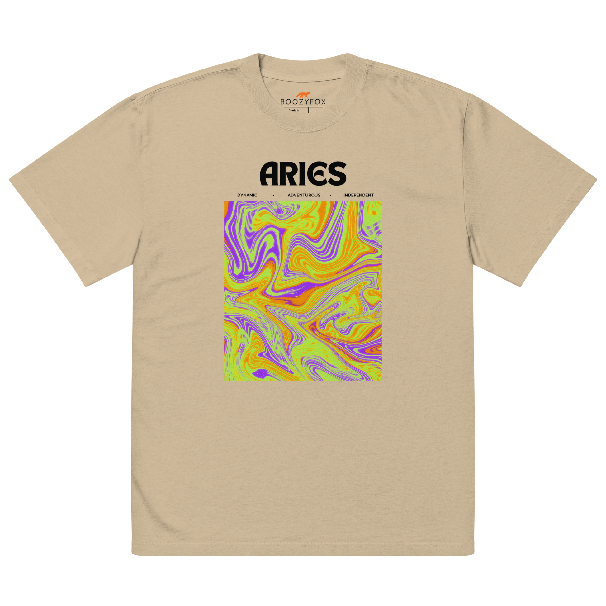 Faded Khaki Aries Oversized T-Shirt featuring an Abstract Aries Star Sign graphic on the chest - Cool Graphic Zodiac Oversized Tees - Boozy Fox