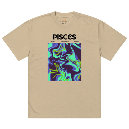 Faded Khaki Pisces Oversized T-Shirt featuring an Abstract Pisces Star Sign graphic on the chest - Cool Graphic Zodiac Oversized Tees - Boozy Fox