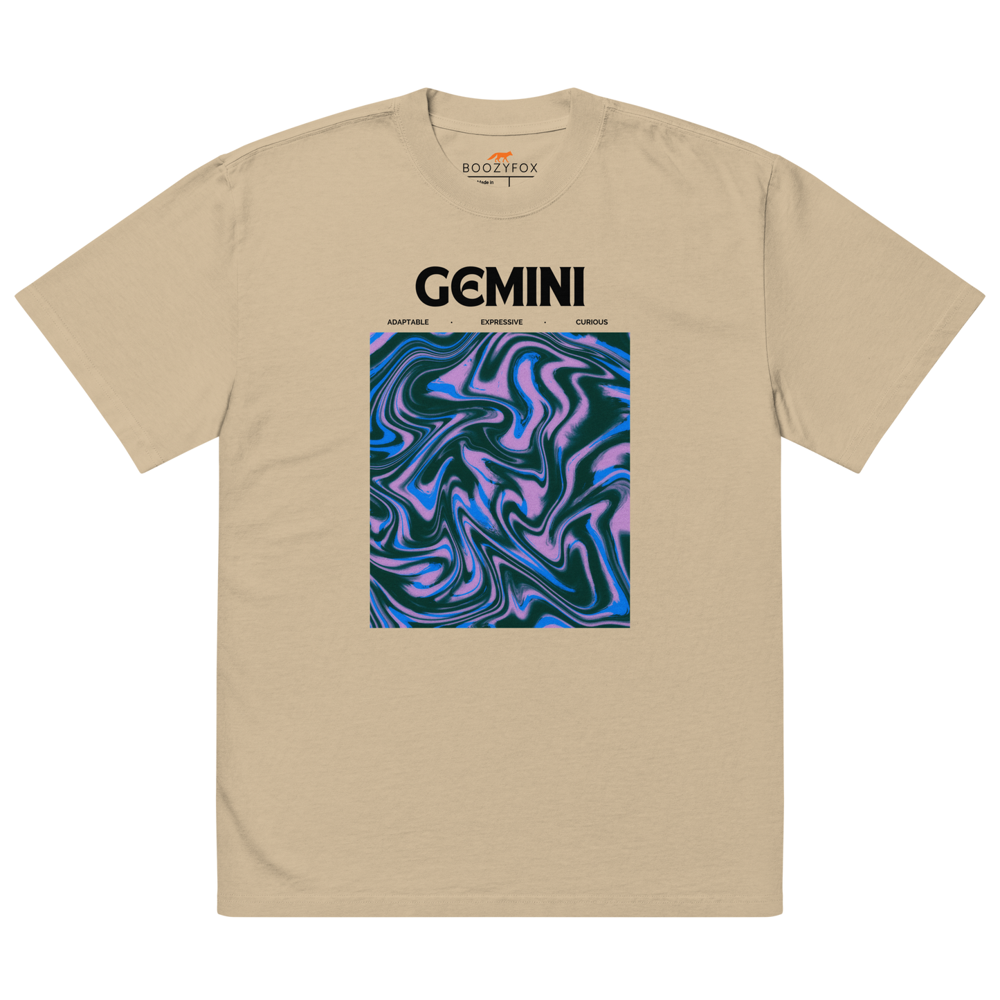 Faded Khaki Gemini Oversized T-Shirt featuring an Abstract Gemini Star Sign graphic on the chest - Cool Graphic Zodiac Oversized Tees - Boozy Fox