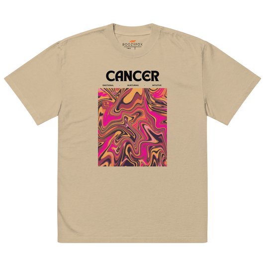 Faded Khaki Cancer Oversized T-Shirt featuring an Abstract Cancer Star Sign graphic on the chest - Cool Graphic Zodiac Oversized Tees - Boozy Fox
