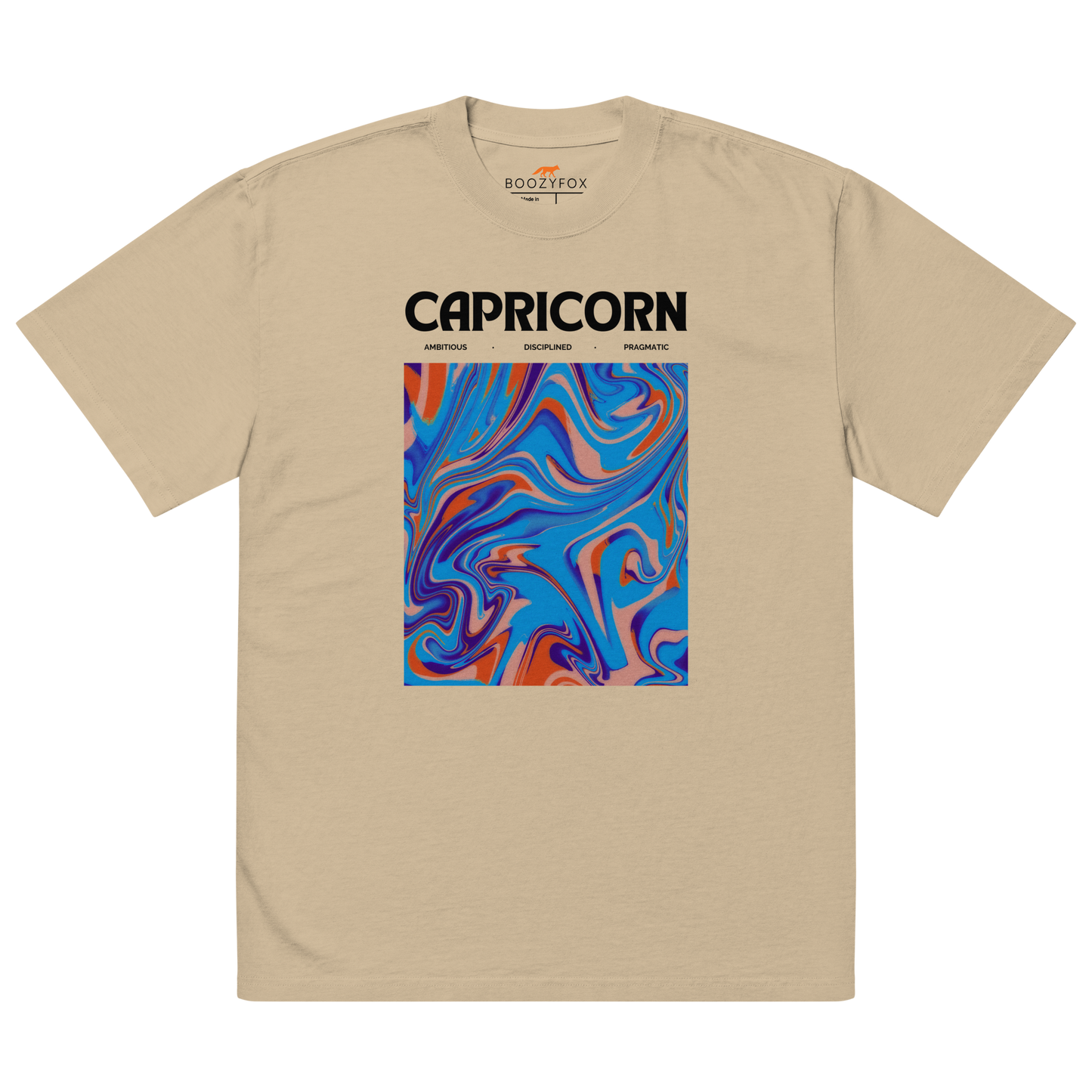 Faded Khaki Capricorn Oversized T-Shirt featuring an Abstract Capricorn Star Sign graphic on the chest - Cool Graphic Zodiac Oversized Tees - Boozy Fox