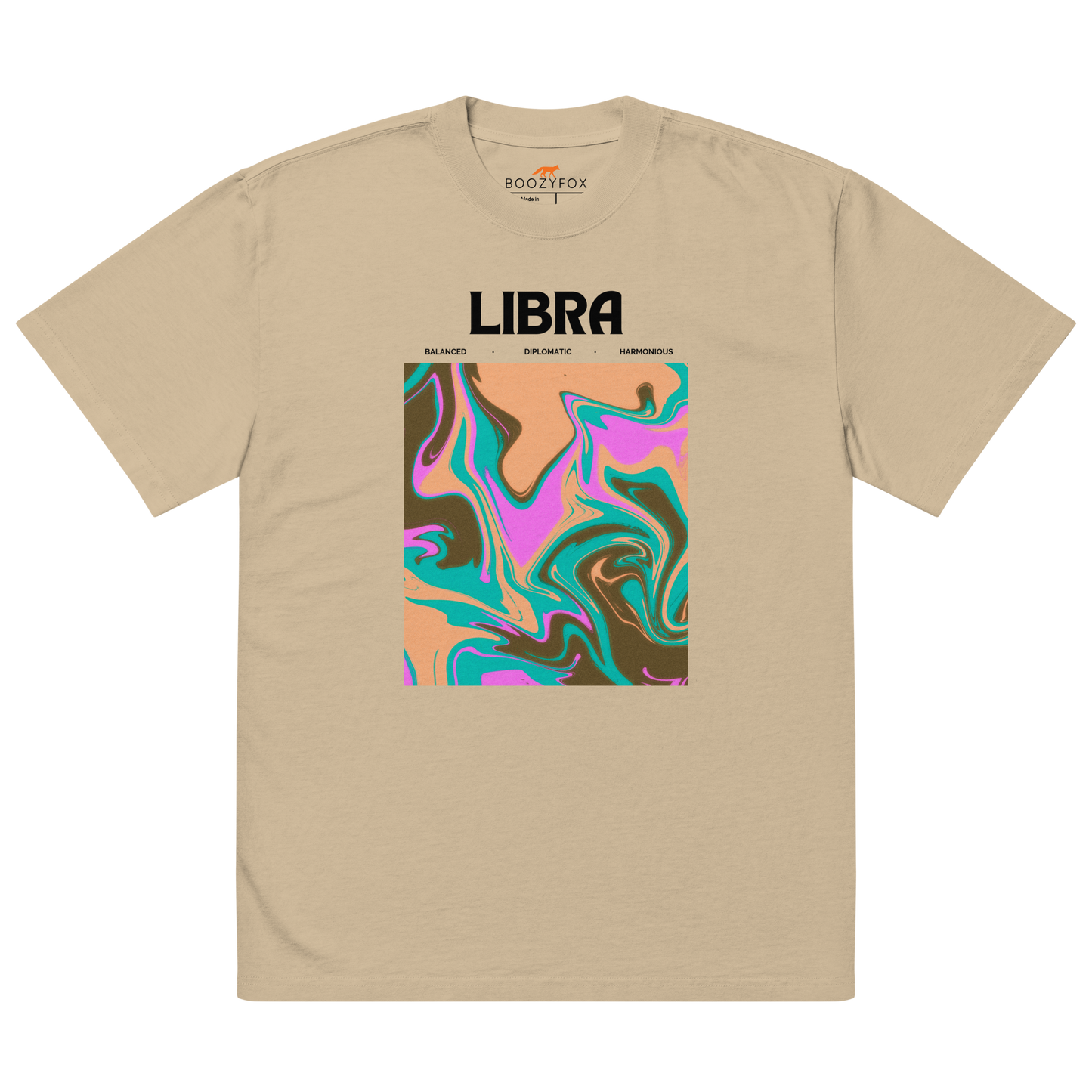 Faded Khaki Libra Oversized T-Shirt featuring an Abstract Libra Star Sign graphic on the chest - Cool Graphic Zodiac Oversized Tees - Boozy Fox