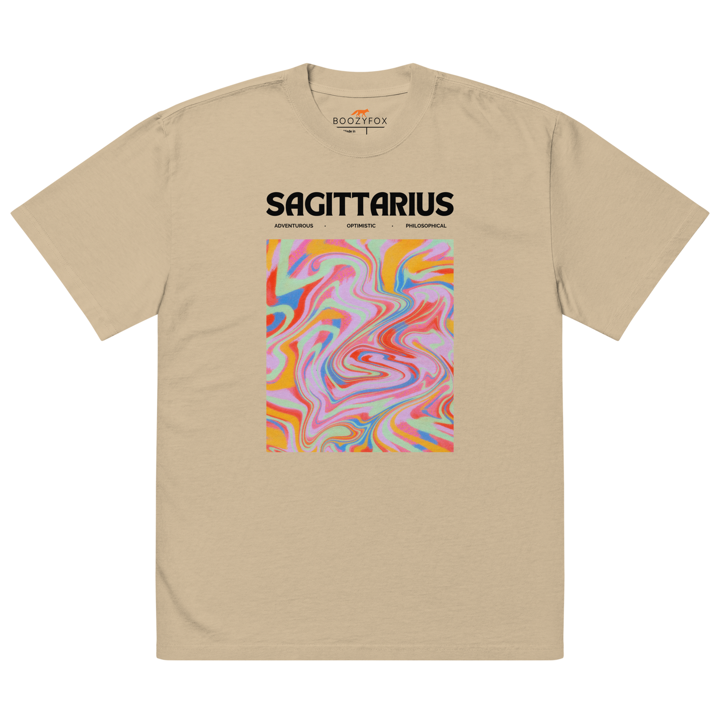 Faded Khaki Sagittarius Oversized T-Shirt featuring an Abstract Sagittarius Star Sign graphic on the chest - Cool Graphic Zodiac Oversized Tees - Boozy Fox