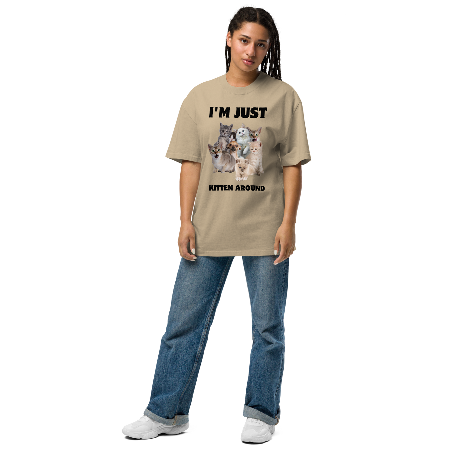 Woman wearing a Faded Khaki Cat Oversized T-Shirt featuring an I'm Just Kitten Around graphic on the chest - Funny Graphic Cat Oversized Tees - Boozy Fox
