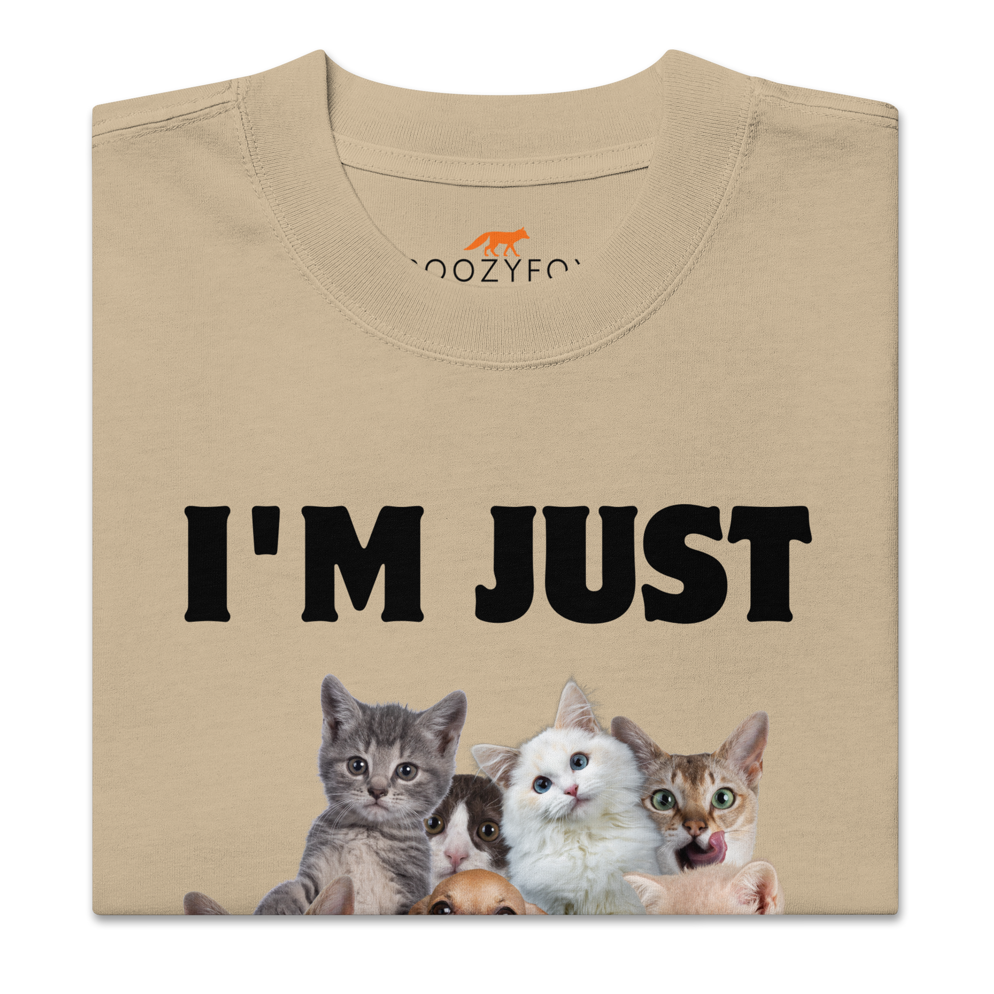 Front details of a Faded Khaki Cat Oversized T-Shirt featuring an I'm Just Kitten Around graphic on the chest - Funny Graphic Cat Oversized Tees - Boozy Fox