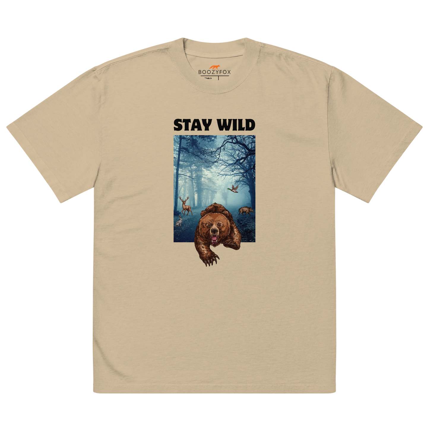 Faded Khaki Bear Oversized T-Shirt featuring a Stay Wild graphic on the chest - Cool Graphic Bear Oversized Tees - Boozy Fox