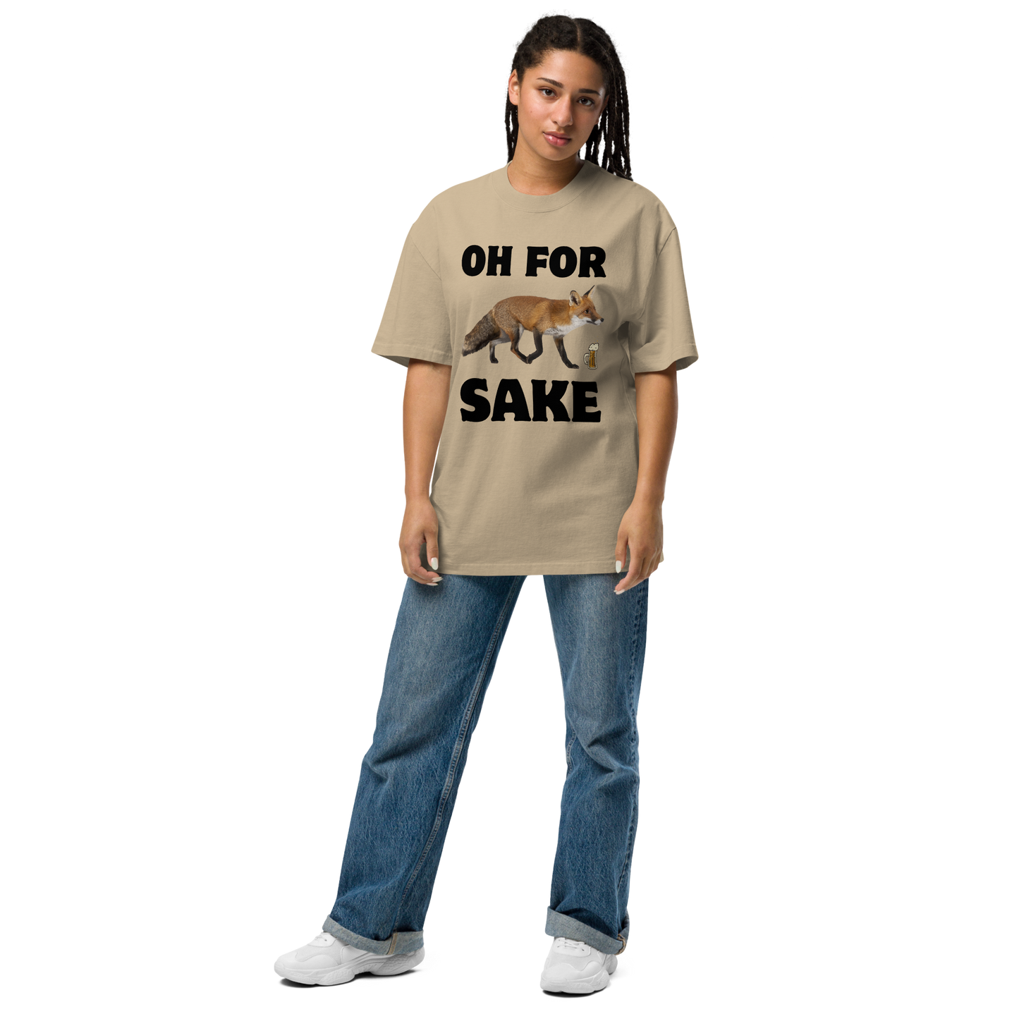 Woman wearing a Faded Khaki Fox Oversized T-Shirt featuring a Oh For Fox Sake graphic on the chest - Funny Graphic Fox Oversized Tees - Boozy Fox