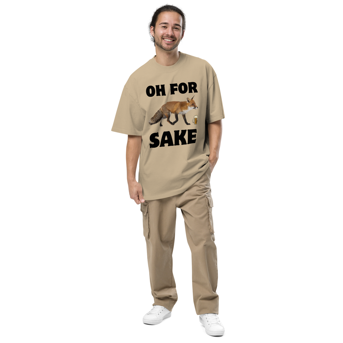 Man wearing a Faded Khaki Fox Oversized T-Shirt featuring a Oh For Fox Sake graphic on the chest - Funny Graphic Fox Oversized Tees - Boozy Fox