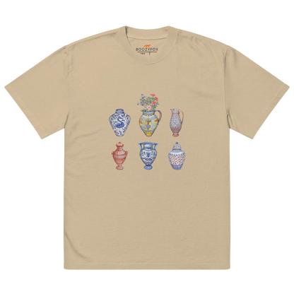 Faded Khaki Vase Oversized T-Shirt featuring a chic vase graphic on the chest - Artsy Graphic Vase Oversized Tees - Boozy Fox