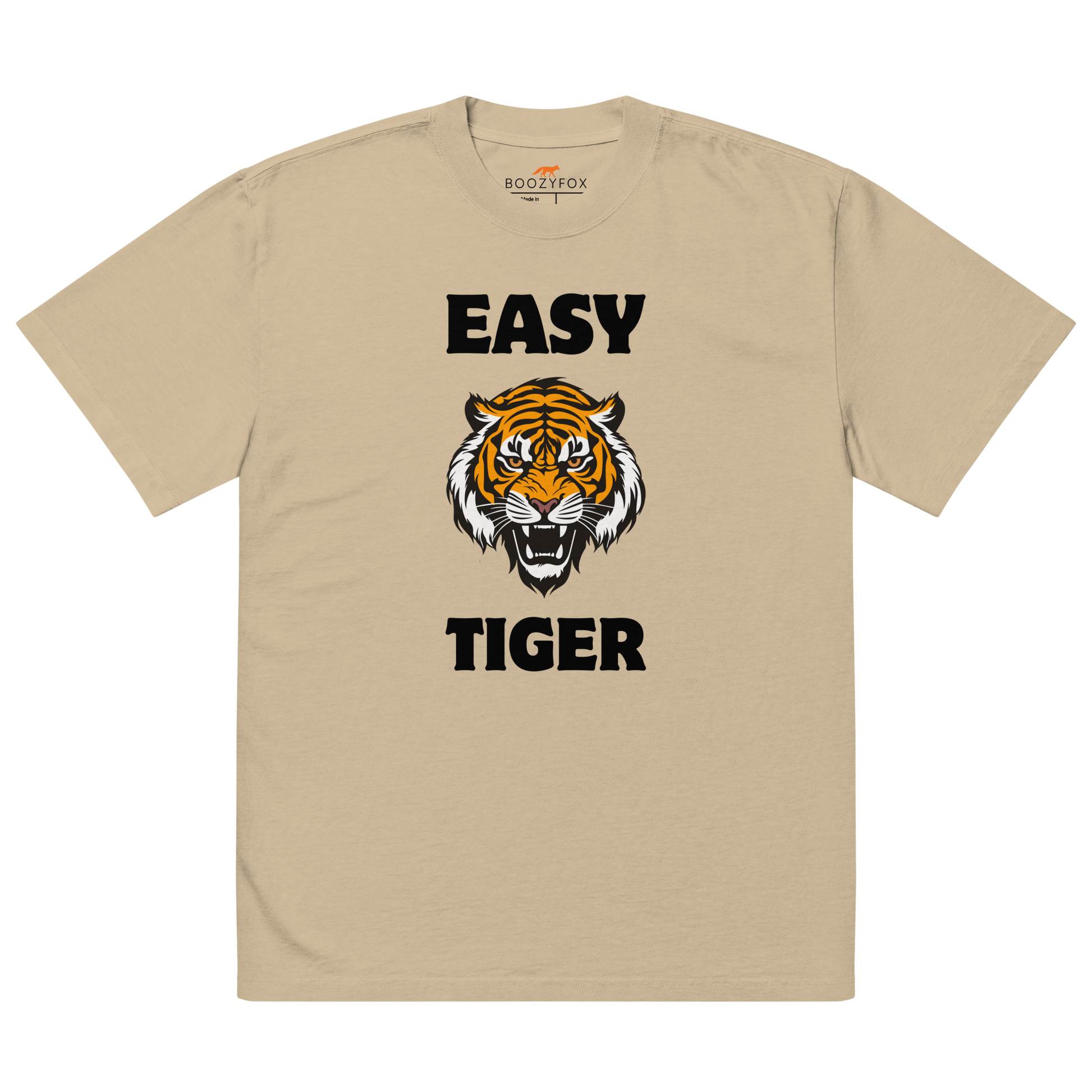Faded Khaki Tiger Oversized T-Shirt featuring a Easy Tiger graphic on the chest - Funny Graphic Tiger Oversized Tees - Boozy Fox
