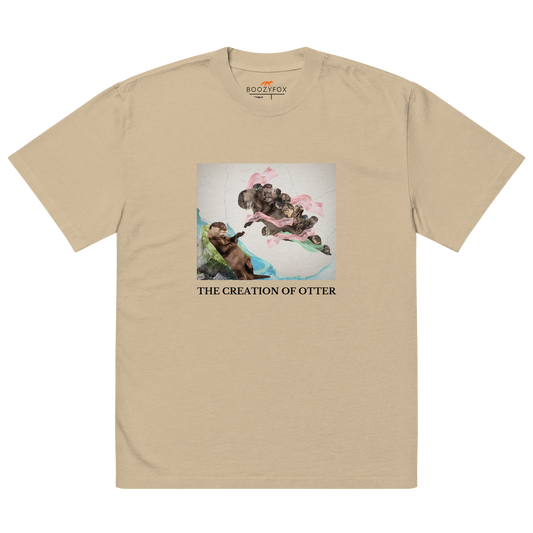 Faded Khaki Otter Oversized T-Shirt featuring a playful The Creation of Otter parody of Michelangelo's masterpiece - Artsy/Funny Graphic Otter Oversized Tees - Boozy Fox