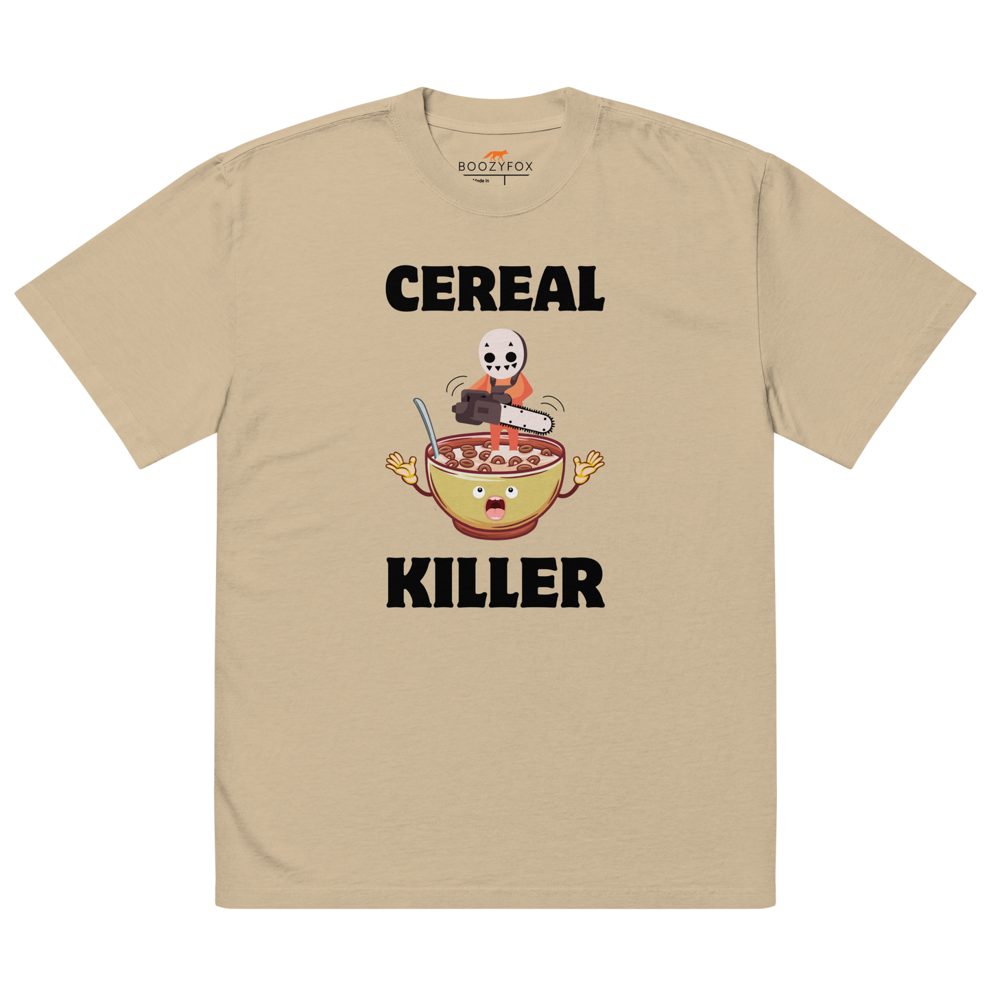Faded Khaki Cereal Killer Oversized T-Shirt featuring a Cereal Killer graphic on the chest - Funny Graphic Oversized Tees - Boozy Fox