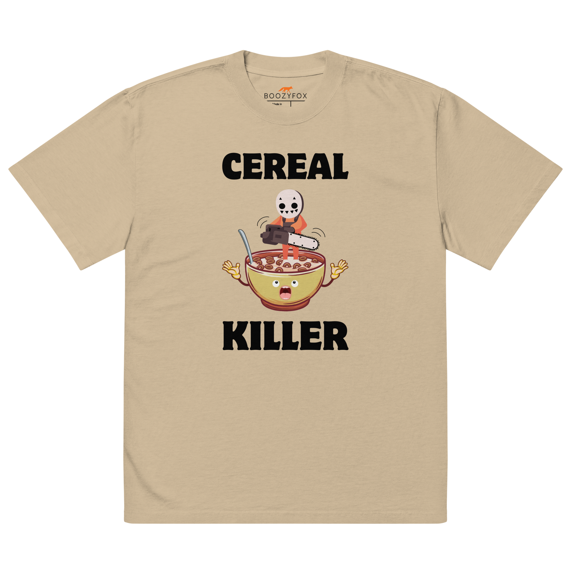 Faded Khaki Cereal Killer Oversized T-Shirt featuring a Cereal Killer graphic on the chest - Funny Graphic Oversized Tees - Boozy Fox