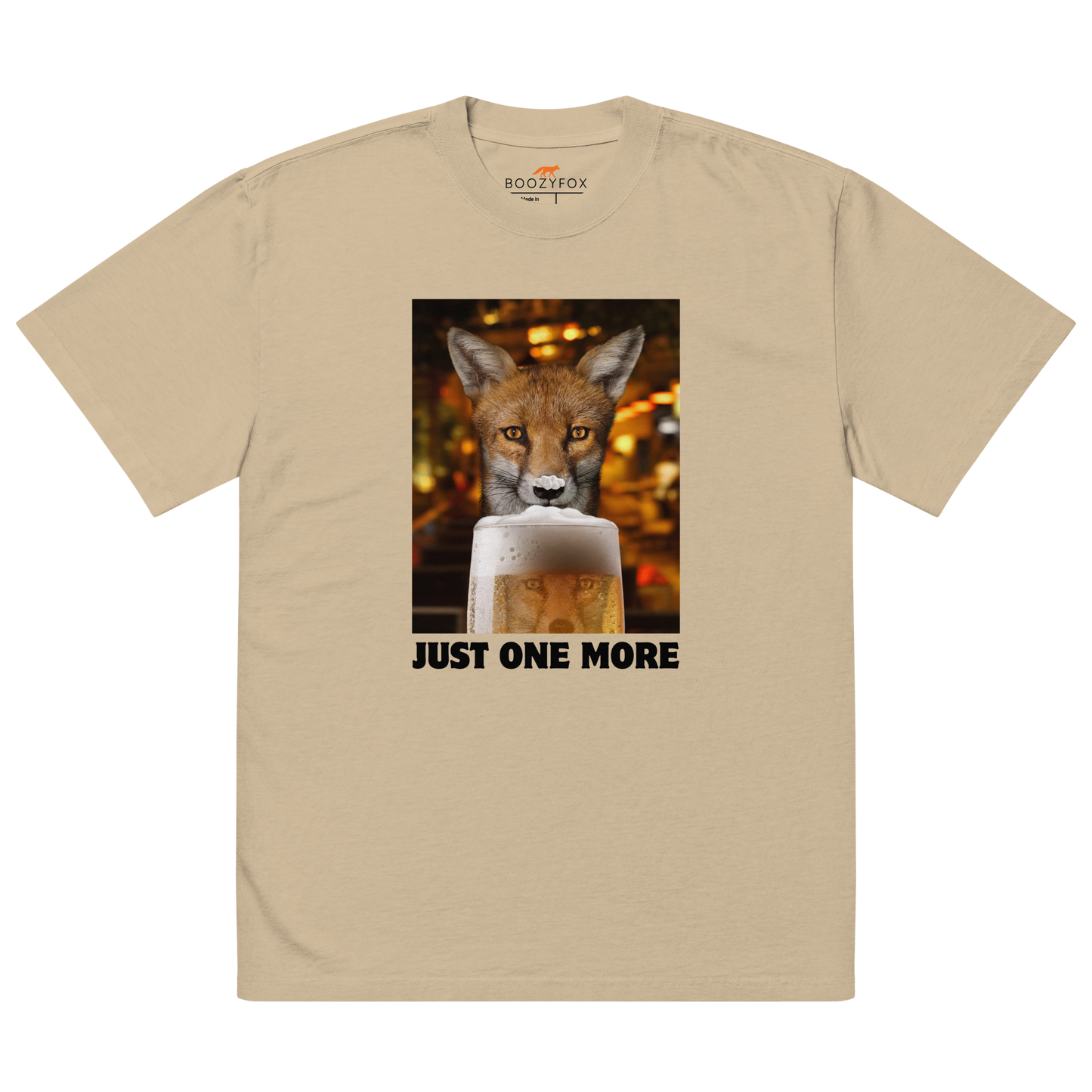 Funny Just One More Fox oversized graphic t-shirt in faded khaki by Boozy Fox