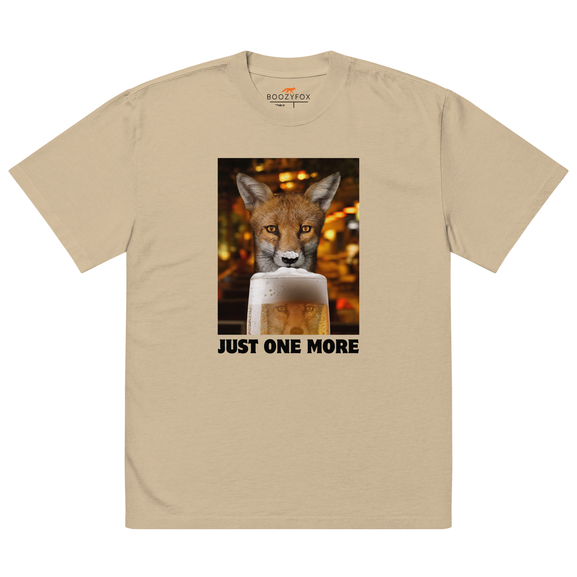 Funny Just One More Fox oversized graphic t-shirt in faded khaki by Boozy Fox