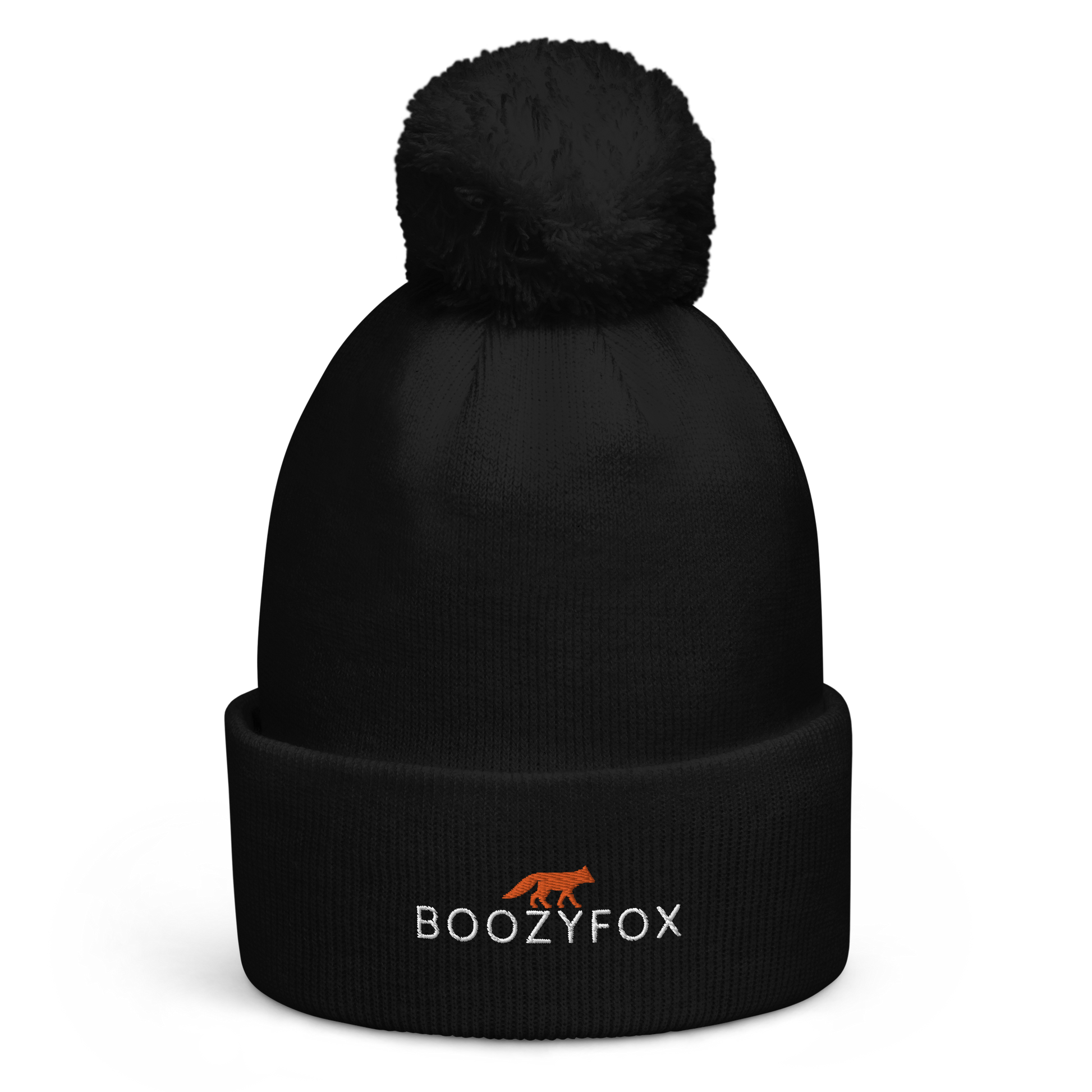 Black Pom-Pom Beanie With An Embroidered Boozy Fox Logo On Fold - Shop Pom-Pom Beanies Online - Boozy Fox