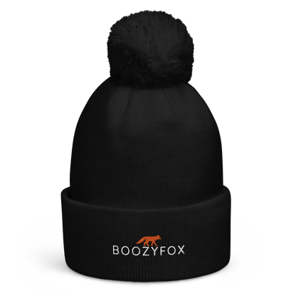 Black Pom-Pom Beanie With An Embroidered Boozy Fox Logo On Fold - Shop Pom-Pom Beanies Online - Boozy Fox