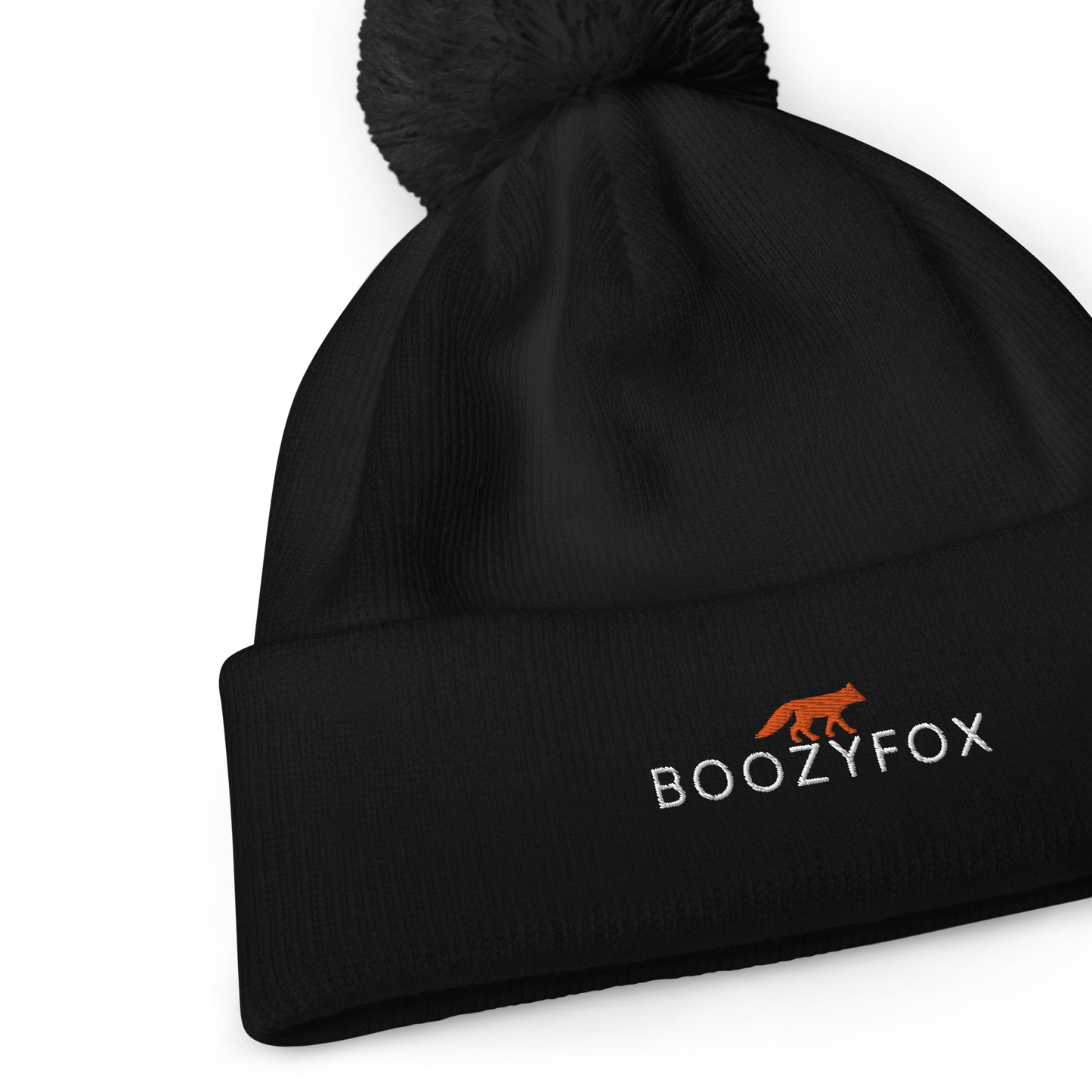 Front details of a Black Pom-Pom Beanie With An Embroidered Boozy Fox Logo On Fold - Shop Pom-Pom Beanies Online - Boozy Fox