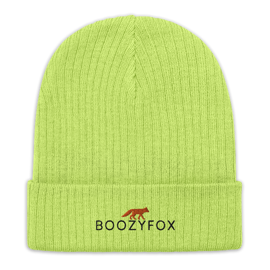 Acid Green Ribbed Knit Beanie With An Embroidered Boozy Fox Logo On Fold - Shop Beanies Online - Boozy Fox