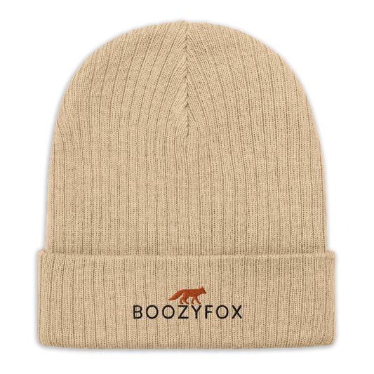 Beige Ribbed Knit Beanie With An Embroidered Boozy Fox Logo On Fold - Shop Beanies Online - Boozy Fox