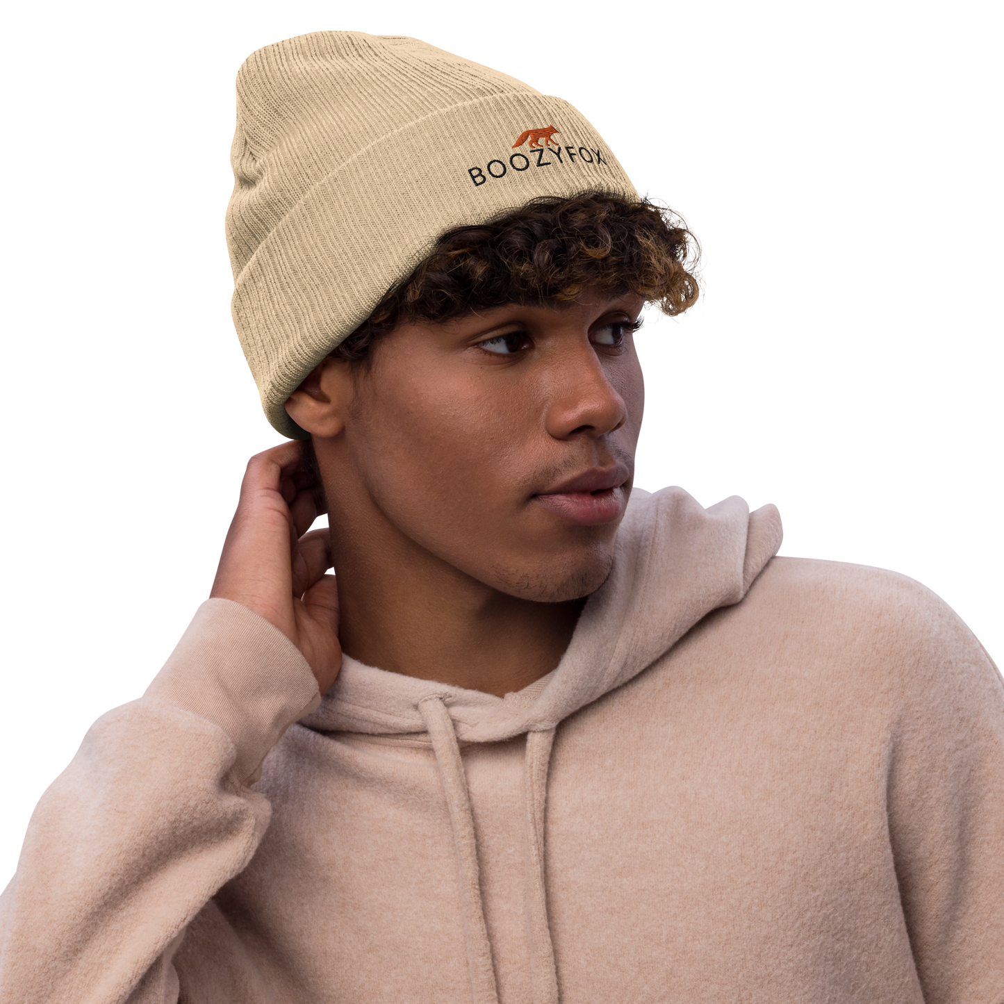 Man wearing a Beige Ribbed Knit Beanie With An Embroidered Boozy Fox Logo On Fold - Shop Beanies Online - Boozy Fox