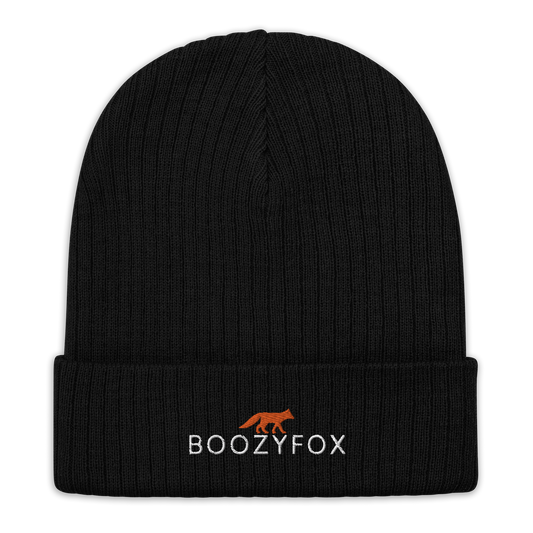 Black Ribbed Knit Beanie With An Embroidered Boozy Fox Logo On Fold - Shop Beanies Online - Boozy Fox