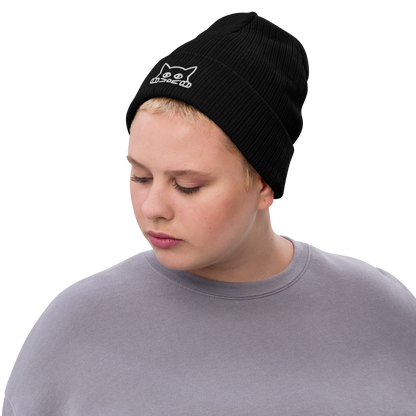 Woman wearing a Black Ribbed Knit Cat Beanie Featuring A Charming Peeking Cat Embroidery On The Fold - Shop Cool Winter Beanies Online - Boozy Fox