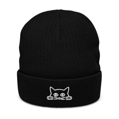 Black Ribbed Knit Cat Beanie Featuring A Charming Peeking Cat Embroidery On The Fold - Shop Cool Winter Beanies Online - Boozy Fox