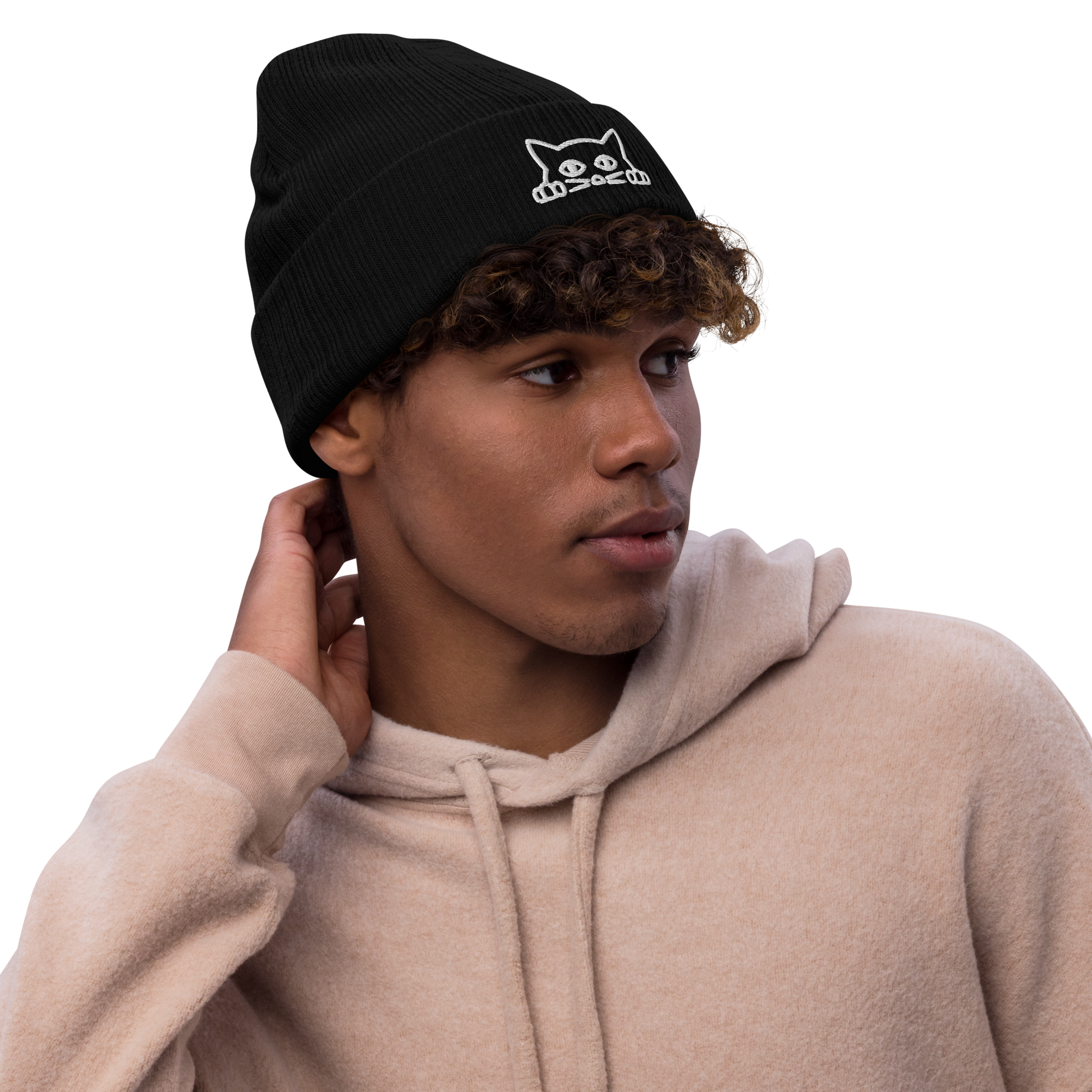 Man wearing a Black Ribbed Knit Cat Beanie Featuring A Charming Peeking Cat Embroidery On The Fold - Shop Cool Winter Beanies Online - Boozy Fox