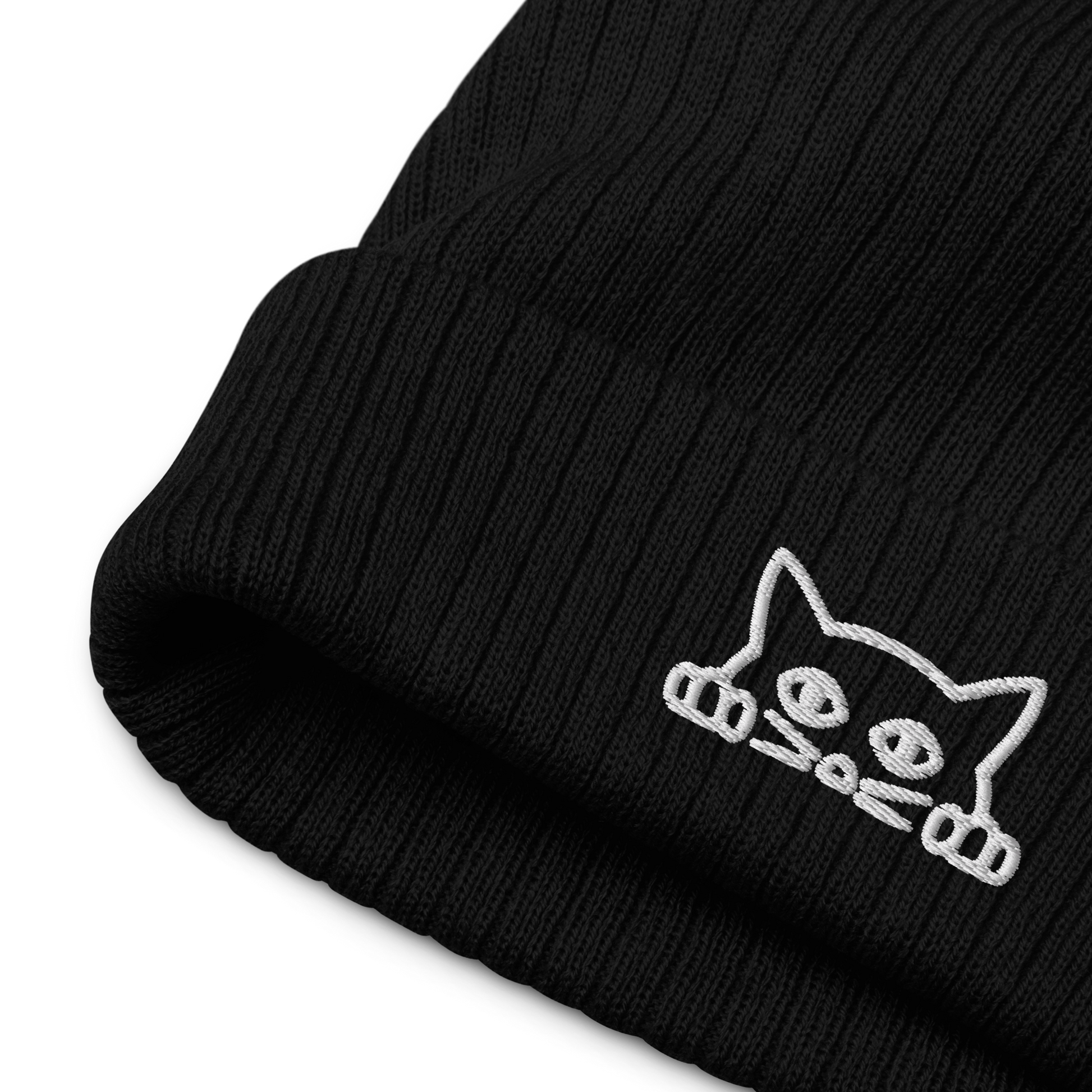 Front details of a Black Ribbed Knit Cat Beanie Featuring A Charming Peeking Cat Embroidery On The Fold - Shop Cool Winter Beanies Online - Boozy Fox