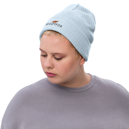 Woman wearing a Light Blue Ribbed Knit Beanie With An Embroidered Boozy Fox Logo On Fold - Shop Beanies Online - Boozy Fox