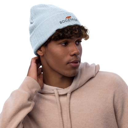 Man wearing a Light Blue Ribbed Knit Beanie With An Embroidered Boozy Fox Logo On Fold - Shop Beanies Online - Boozy Fox