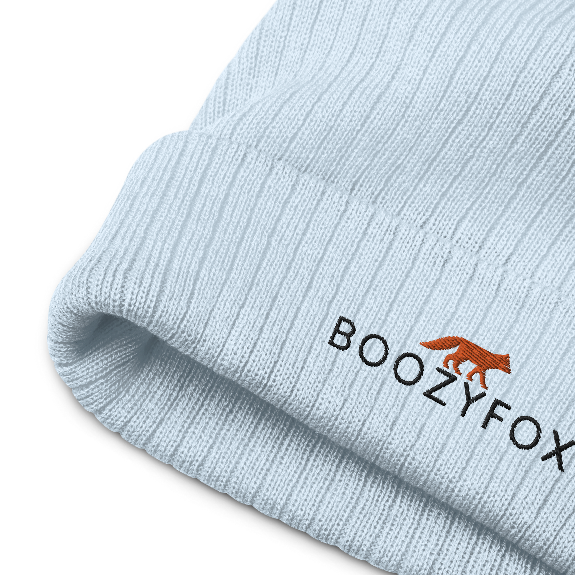 Front details of a Light Blue Ribbed Knit Beanie With An Embroidered Boozy Fox Logo On Fold - Shop Beanies Online - Boozy Fox