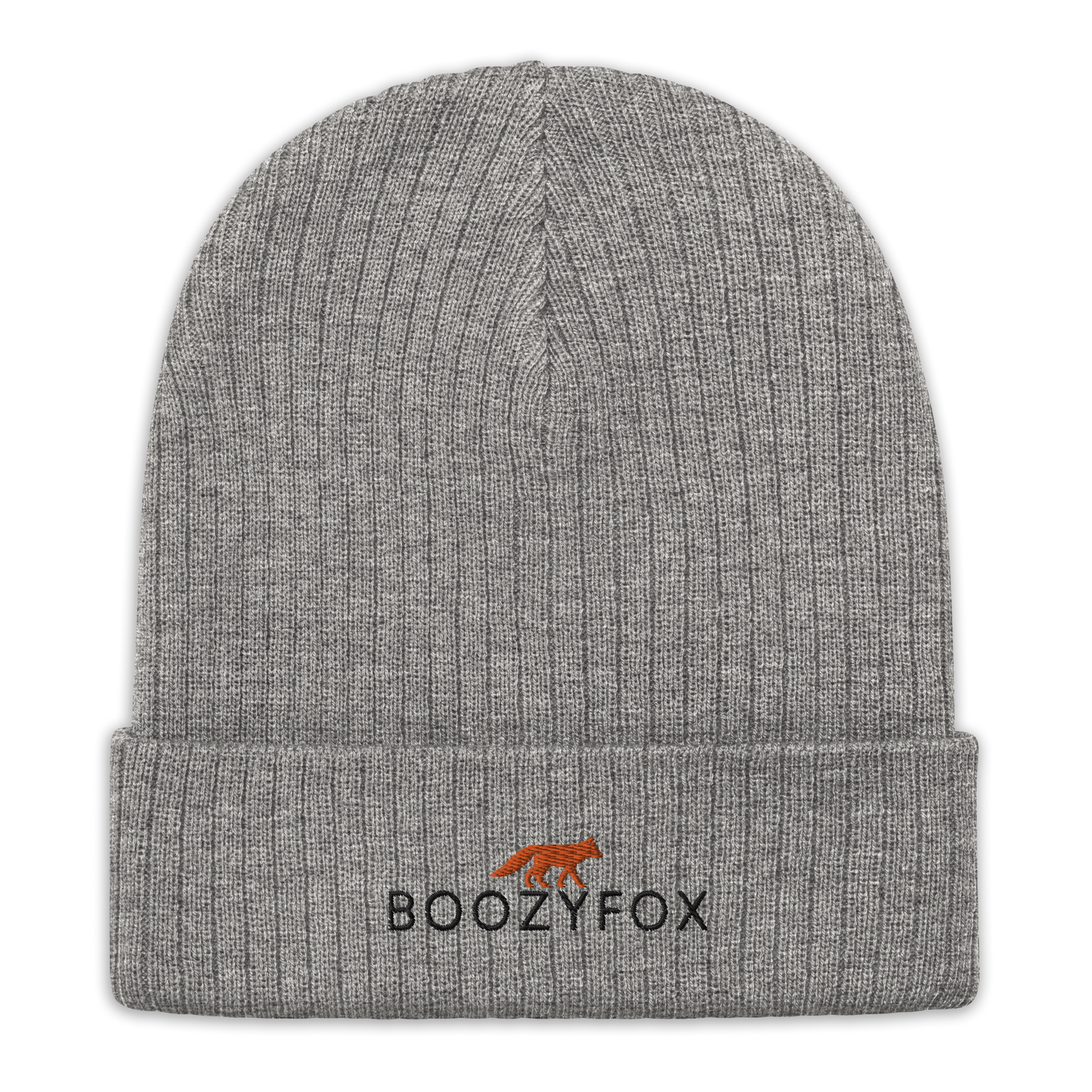 Light Grey Melange Ribbed Knit Beanie With An Embroidered Boozy Fox Logo On Fold - Shop Beanies Online - Boozy Fox