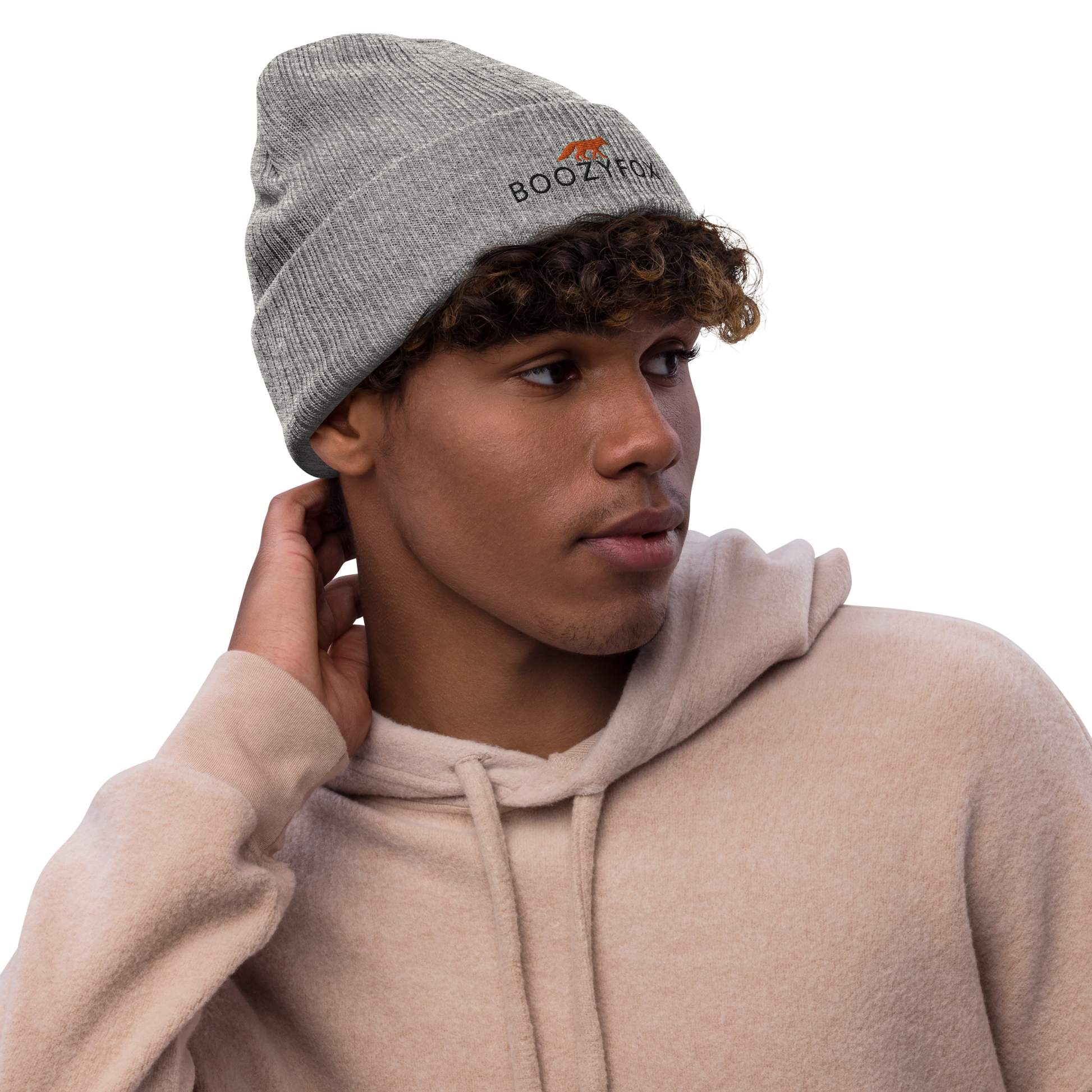 Man wearing a Light Grey Melange Ribbed Knit Beanie With An Embroidered Boozy Fox Logo On Fold - Shop Beanies Online - Boozy Fox