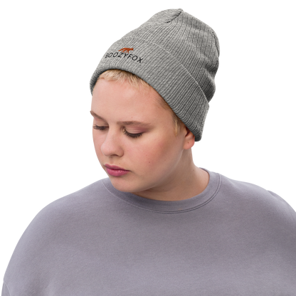 Woman wearing a Light Grey Melange Ribbed Knit Beanie With An Embroidered Boozy Fox Logo On Fold - Shop Beanies Online - Boozy Fox