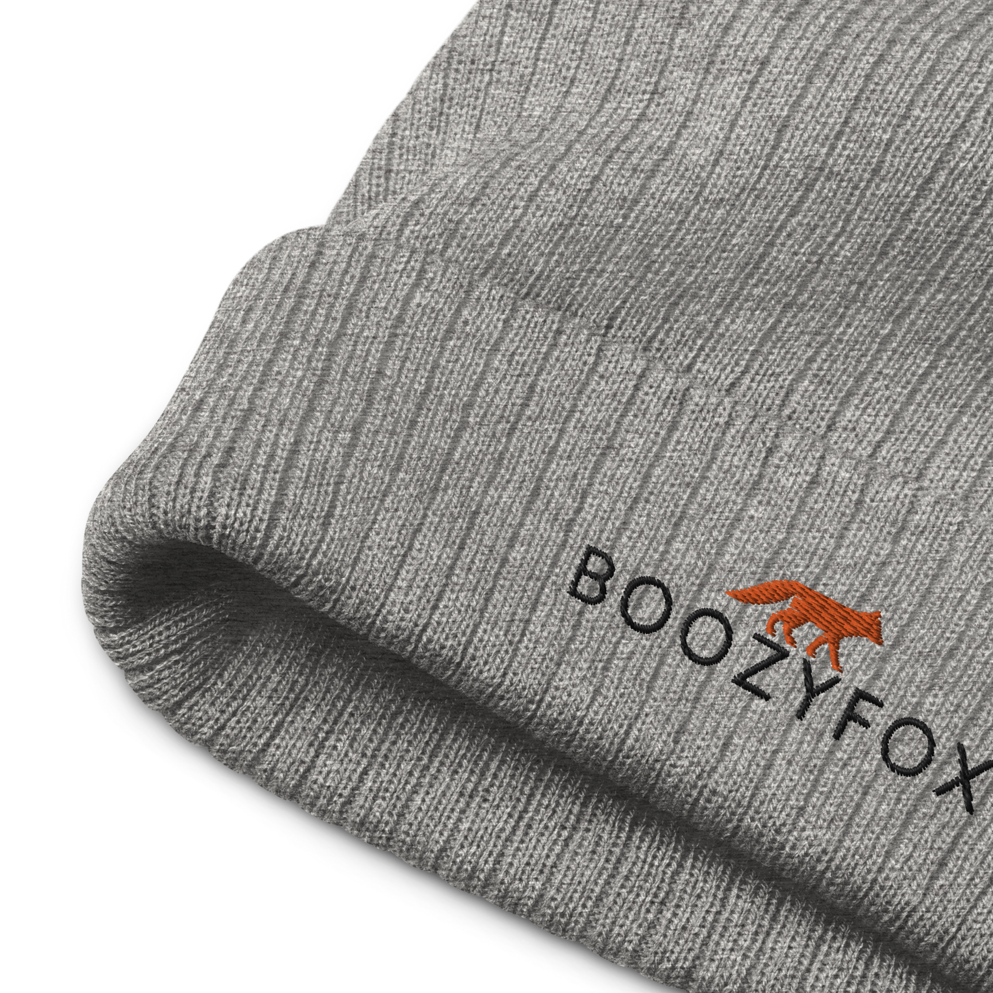 Front details of a Light Grey Melange Ribbed Knit Beanie With An Embroidered Boozy Fox Logo On Fold - Shop Beanies Online - Boozy Fox