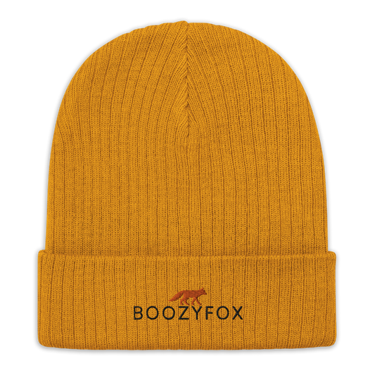 Mustard Ribbed Knit Beanie With An Embroidered Boozy Fox Logo On Fold - Shop Beanies Online - Boozy Fox