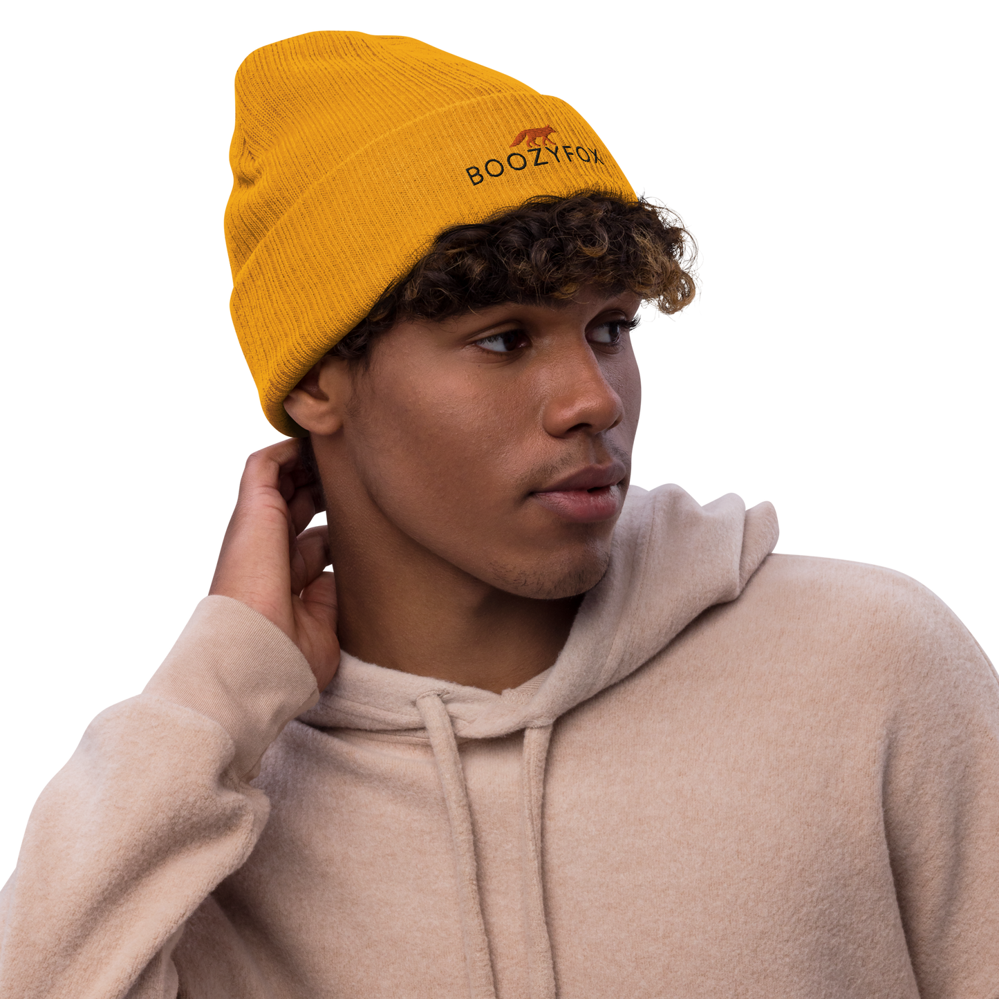 Man wearing a Mustard Ribbed Knit Beanie With An Embroidered Boozy Fox Logo On Fold - Shop Beanies Online - Boozy Fox