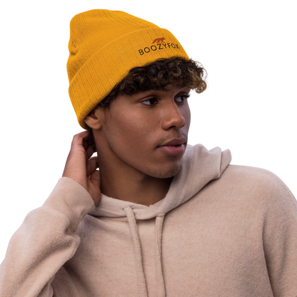 Man wearing a Mustard Ribbed Knit Beanie With An Embroidered Boozy Fox Logo On Fold - Shop Beanies Online - Boozy Fox