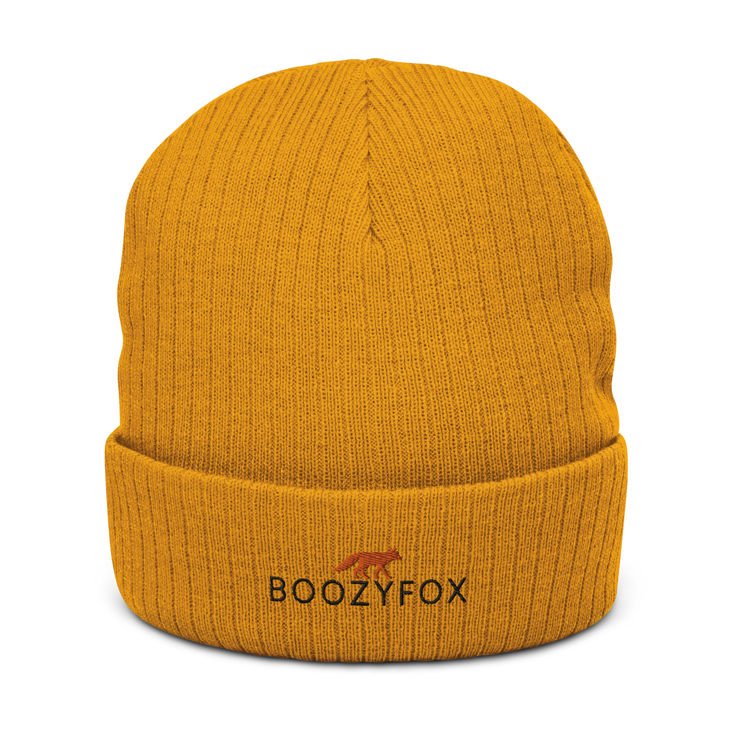 Mustard Ribbed Knit Beanie With An Embroidered Boozy Fox Logo On Fold - Shop Beanies Online - Boozy Fox