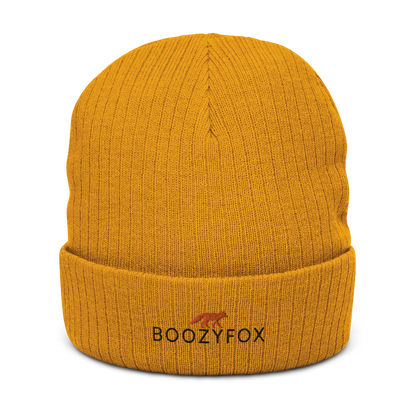 Mustard Ribbed Knit Beanie With An Embroidered Boozy Fox Logo On Fold - Shop Beanies Online - Boozy Fox